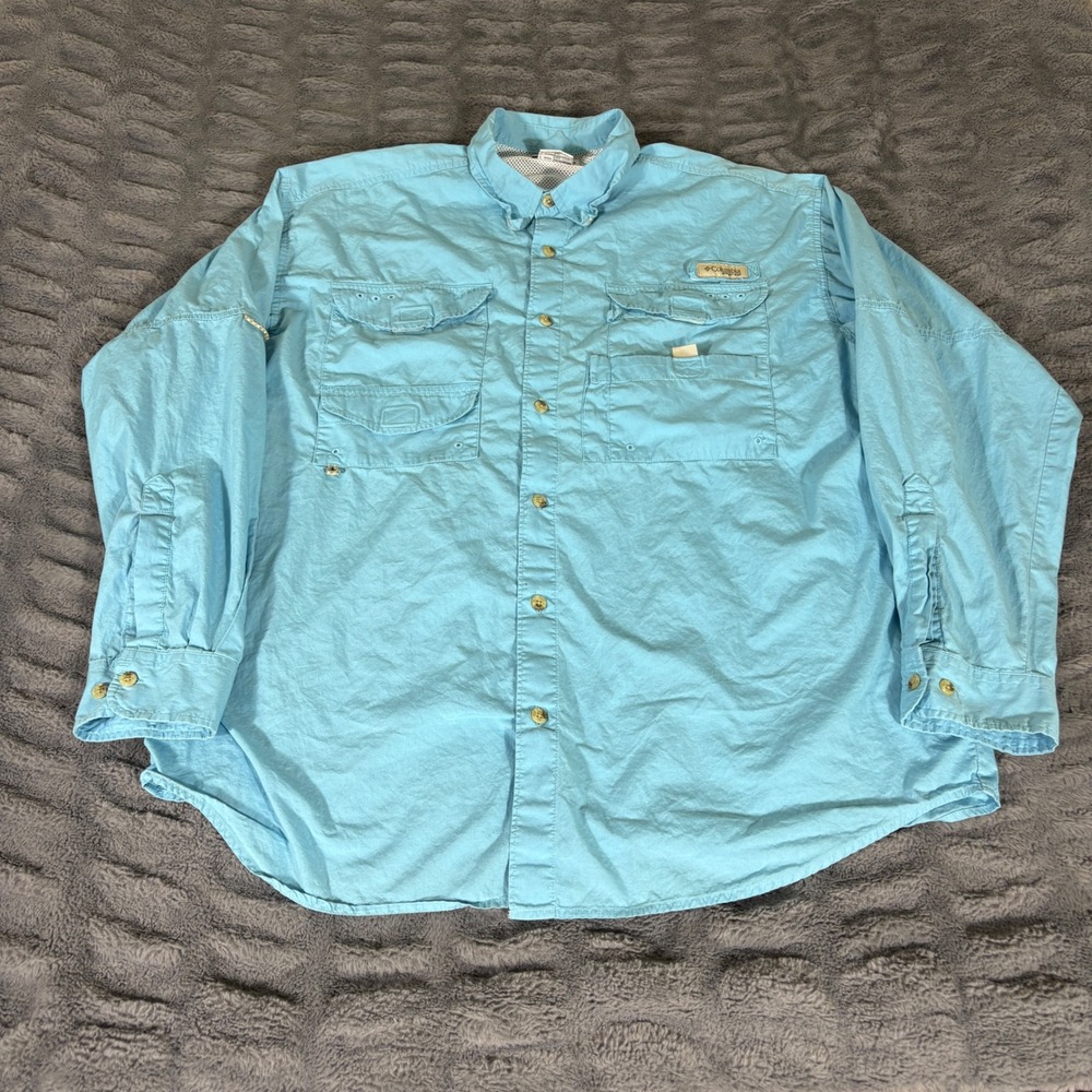 Columbia PFG Bahama II Long Sleeve Fishing Shirt Blue Mens Large FM7120 Cotton